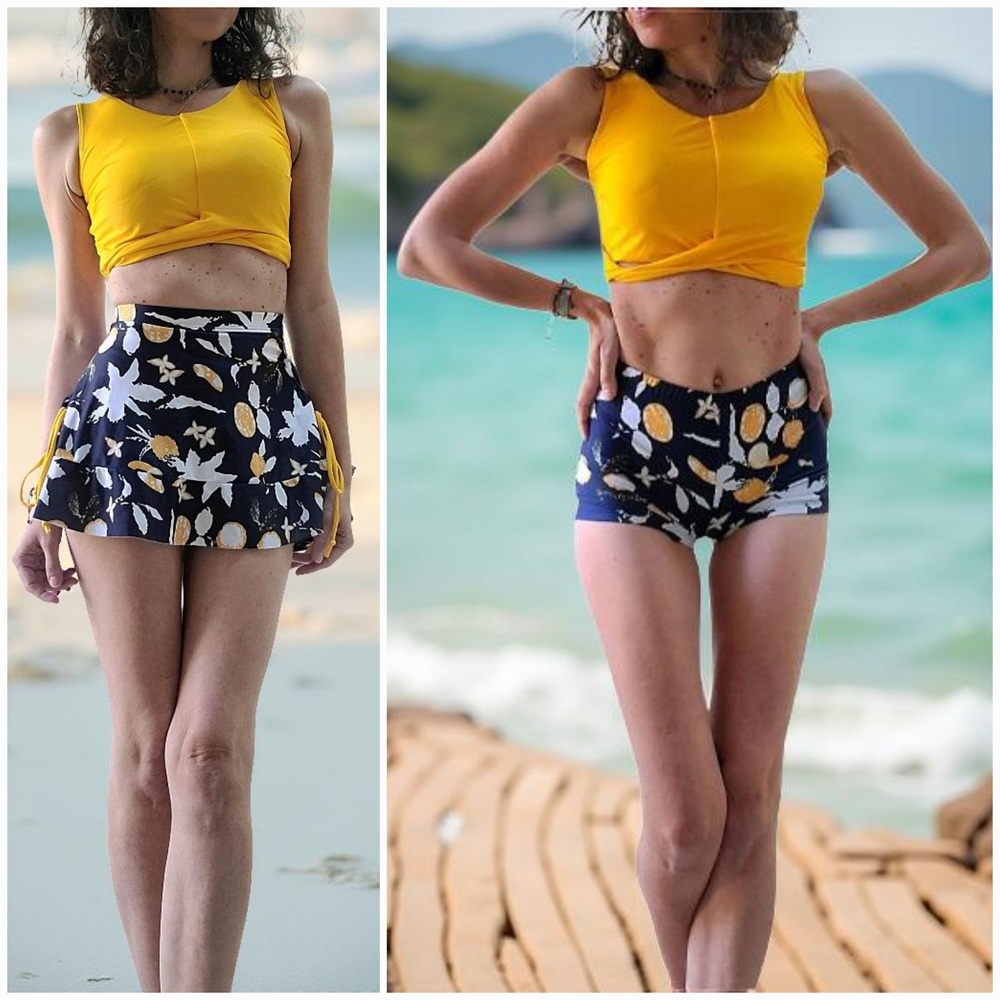 NWT 3-Piece Set Floral Yellow And Navy Blue Women's Swim Top, Shorts And Skirt